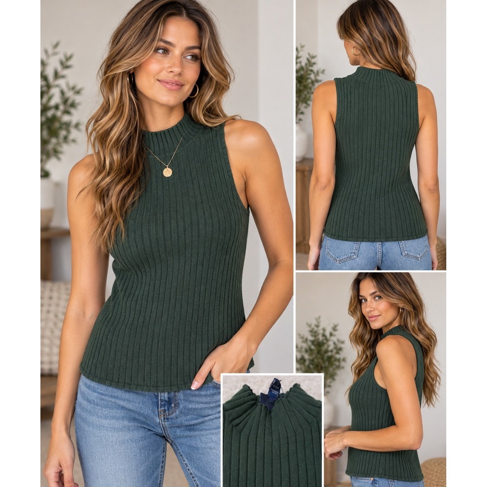 Scoop Sweater Tank Mock Neck Ribbed Knit Olive Green Minimalist Large 12-14